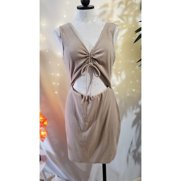 Lulus Go With You Ribbed Ruched Cutout Bodycon Mini Dress Womens Size XL Beige - Picture 1 of 10